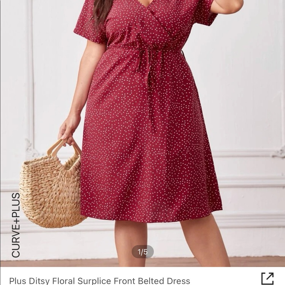 Shein curve plus 1XL red polka dot belt tie dress; NWOT